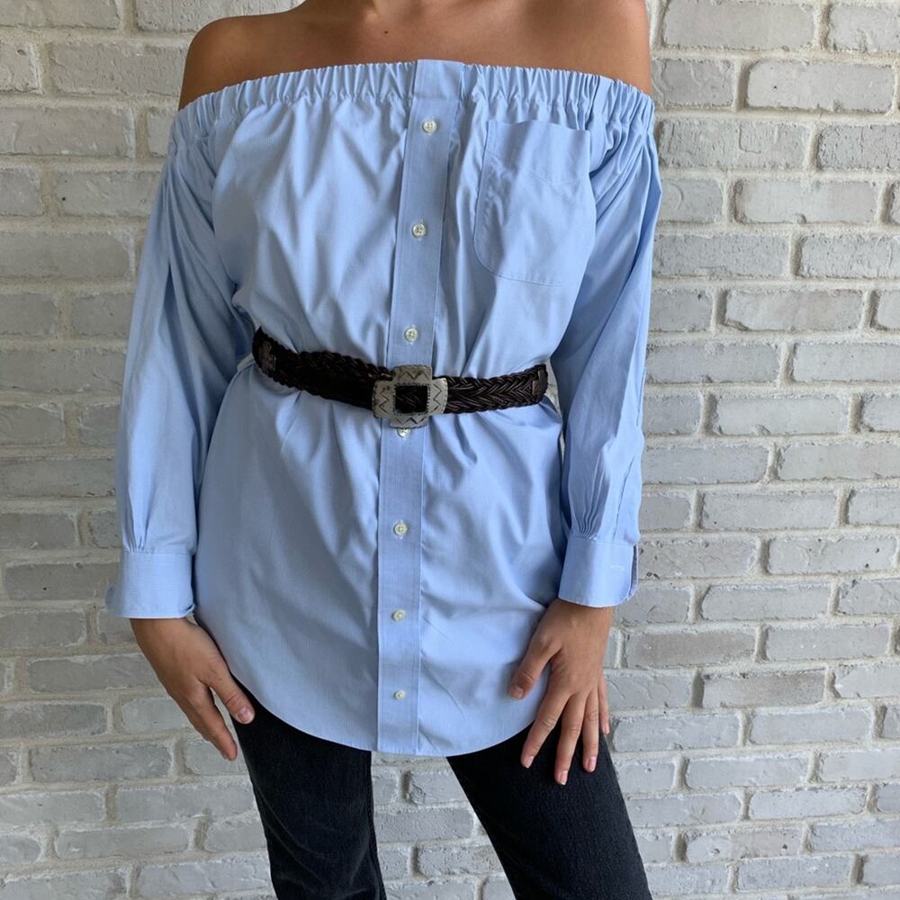 Reworked Off Shoulder Blue Checked Cotton  S/M